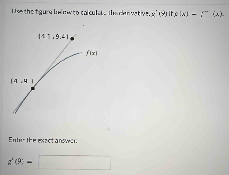 Use the figure below to calculate the derivative, g'(9) if g(x)=f^(-1)(x).
(4.1,9.4)
f(x)
(4,9)
Enter the exact answer.
g'(9)=□