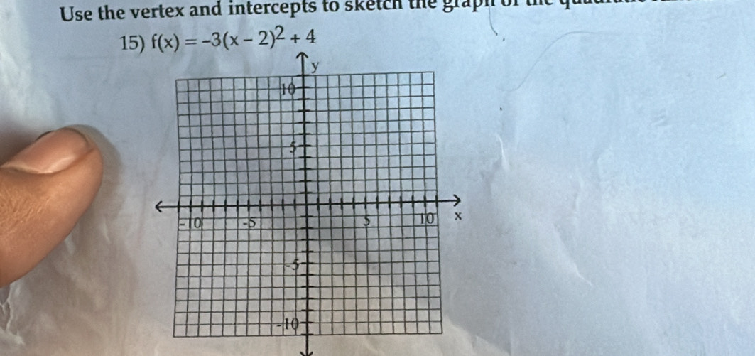 Use the vertex and intercepts to sketch the graph t 
15) f(x)=-3(x-2)^2+4