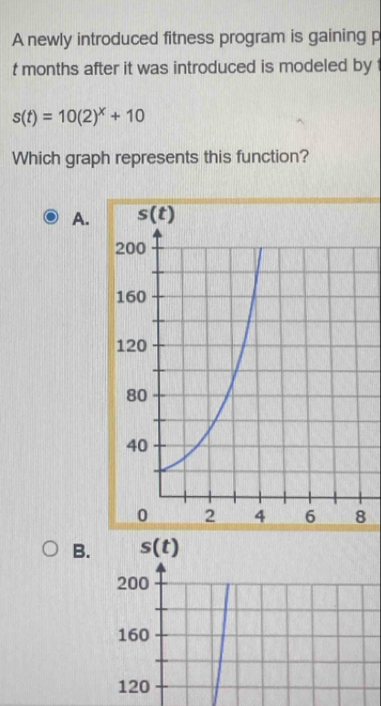 A newly introduced fitness program is gaining p
t months after it was introduced is modeled by
s(t)=10(2)^x+10
Which graph represents this function?
A.
B. s(t)
200
160
120