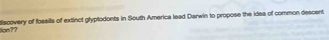discovery of fossils of extinct glyptodonts in South America lead Darwin to propose the idea of common descent 
tion??