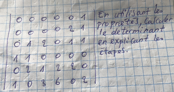 En uplisant le 
O o 
2 4 proprietes, Calculer 
e 
le determinant 
o 12 011 enexplicant le. 
etapes. 
) A 9
6) 6