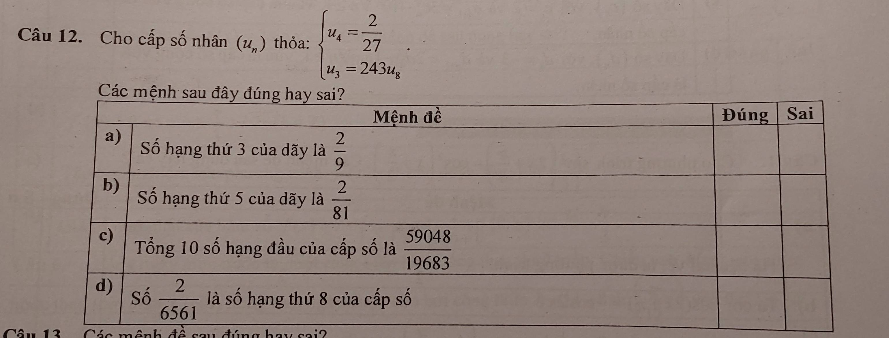 Cho cấp số nhân (u_n) thỏa: beginarrayl u_4= 2/27 . u_3=243u_8endarray.
12