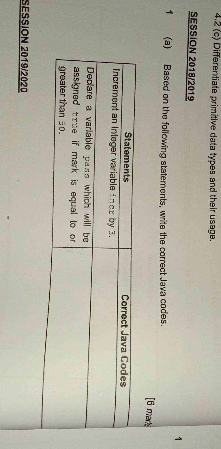 4.2 (c) Differentiate primitive data types and their usage. 
SESSION 2018/2019 
1 
1 (a) Based on the following statements, write the correct Java codes. 
[6 mark 
SESSION 2019/2020