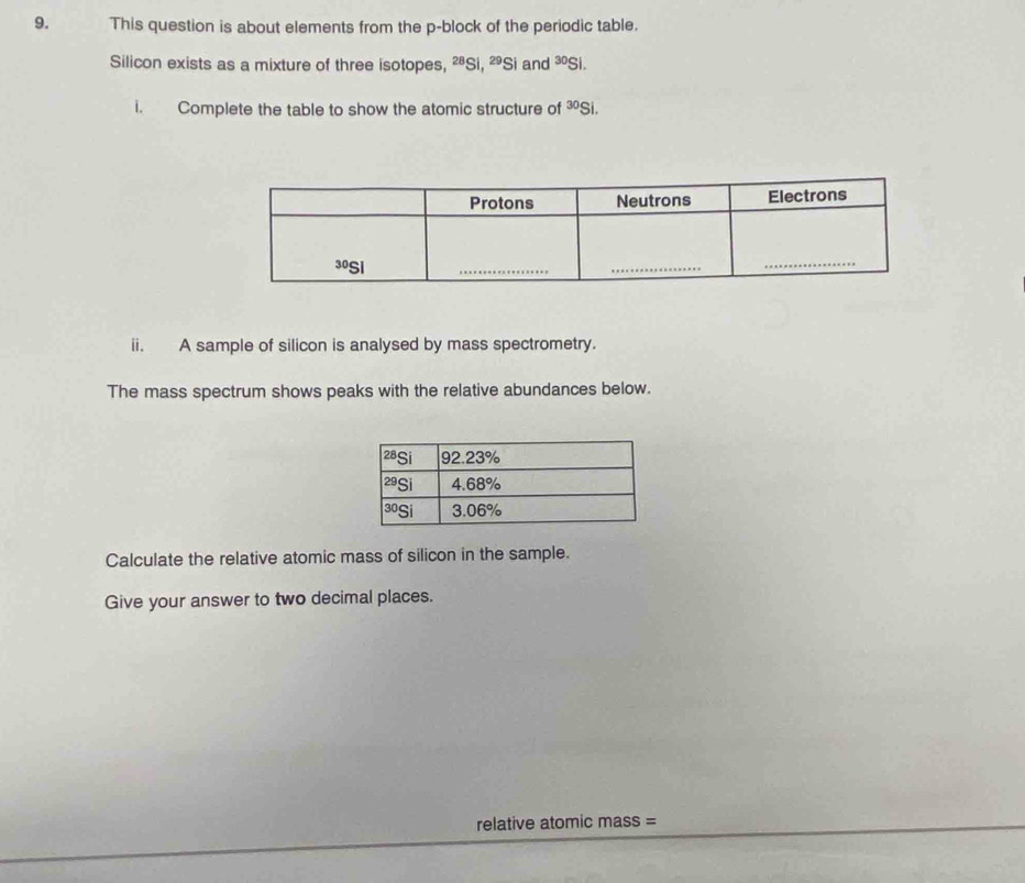 This question is about elements from the p -block of the periodic table. 
Silicon exists as a mixture of three isotopes, ^28Si.^29 Si and 30c 6i. 
i. Complete the table to show the atomic structure of 30 Si. 
ii. A sample of silicon is analysed by mass spectrometry. 
The mass spectrum shows peaks with the relative abundances below. 
Calculate the relative atomic mass of silicon in the sample. 
Give your answer to two decimal places. 
relative atomic mass =