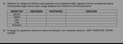 Observa los verbos en infinitivo que aparecen en la siguiente tabla, agrega la forma no personal que le 
corresponde según sea el caso. Luego elabora una oración en su forma personal. 
6. Conjuga los siguientes verbos en todos los tiempos, con cualquier persona: SER, PARECER, ESTAR, 
HACER.