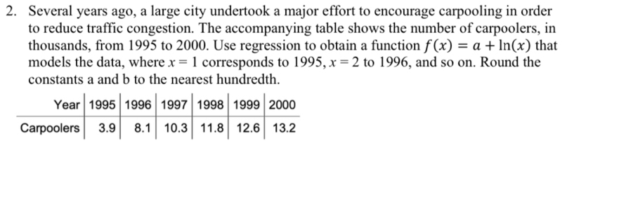 Several years ago, a large city undertook a major effort to encourage carpooling in order 
to reduce traffic congestion. The accompanying table shows the number of carpoolers, in 
thousands, from 1995 to 2000. Use regression to obtain a function f(x)=a+ln (x) that 
models the data, where x=1 corresponds to 1995, x=2 to 1996, and so on. Round the 
constants a and b to the nearest hundredth.