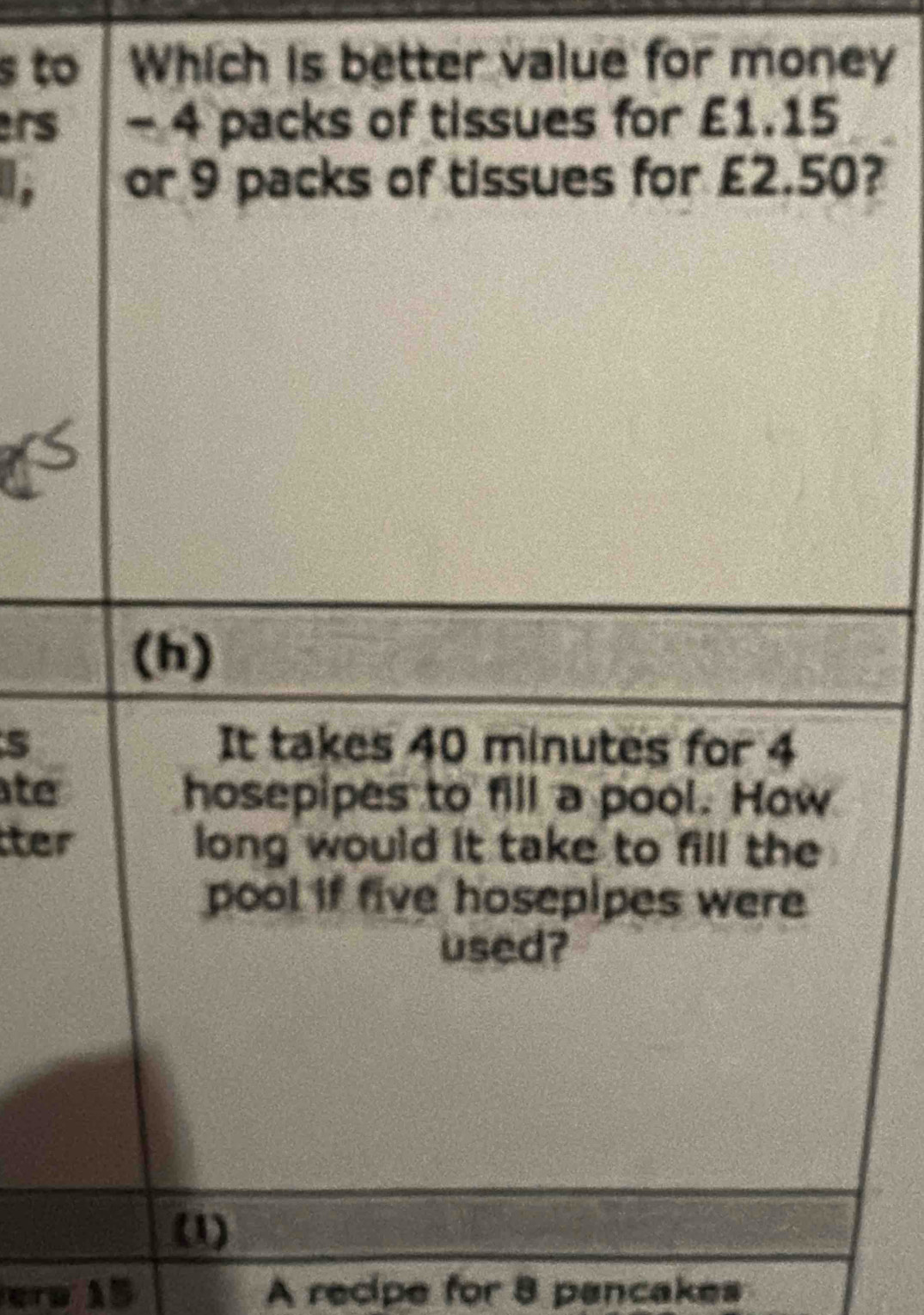 to Which is better value for money 
ers - 4 packs of tissues for £1.15
or 9 packs of tissues for £2.50? 
(h) 
5 It takes 40 minutes for 4
ate hosepipes to fill a pool. How 
ter long would it take to fill the 
pool if five hosepipes were 
used? 
(1) 
ero 15 A recipe for 8 pancakes