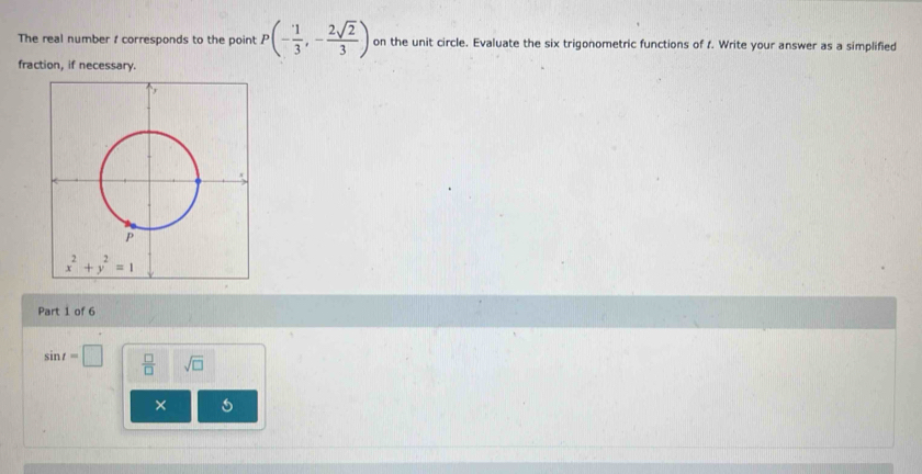 The real number : corresponds to the poin! P(- 1/3 ,- 2sqrt(2)/3 ) on the unit circle. Evaluate the six trigonometric functions of 1. Write your answer as a simplified
fraction, if necessary.
Part 1 of 6
sin t=□  □ /□   sqrt(□ )
×