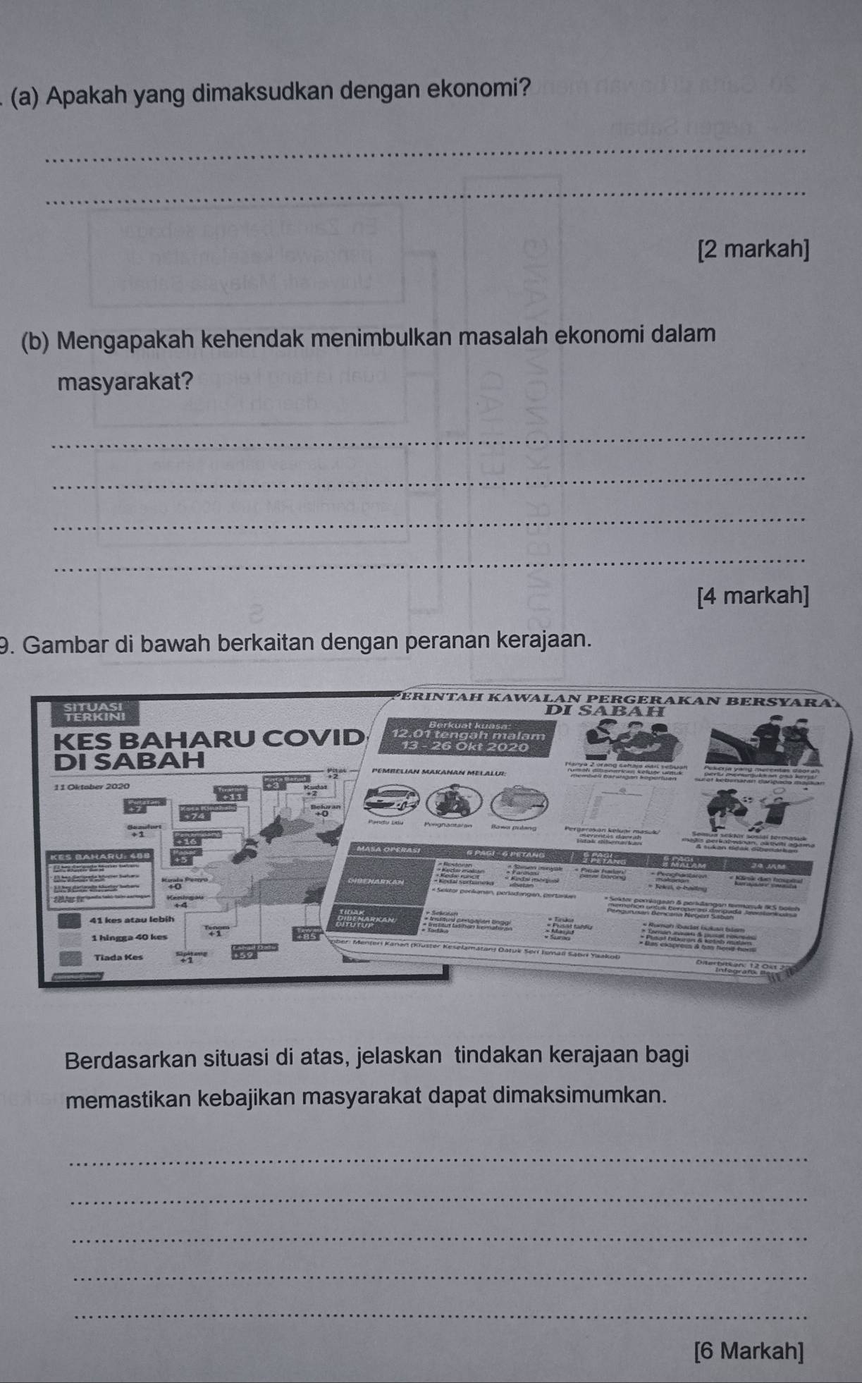 Apakah yang dimaksudkan dengan ekonomi? 
_ 
_ 
[2 markah] 
(b) Mengapakah kehendak menimbulkan masalah ekonomi dalam 
masyarakat? 
_ 
_ 
_ 
_ 
[4 markah] 
9. Gambar di bawah berkaitan dengan peranan kerajaan. 
Berdasarkan situasi di atas, jelaskan tindakan kerajaan bagi 
memastikan kebajikan masyarakat dapat dimaksimumkan. 
_ 
_ 
_ 
_ 
_ 
[6 Markah]