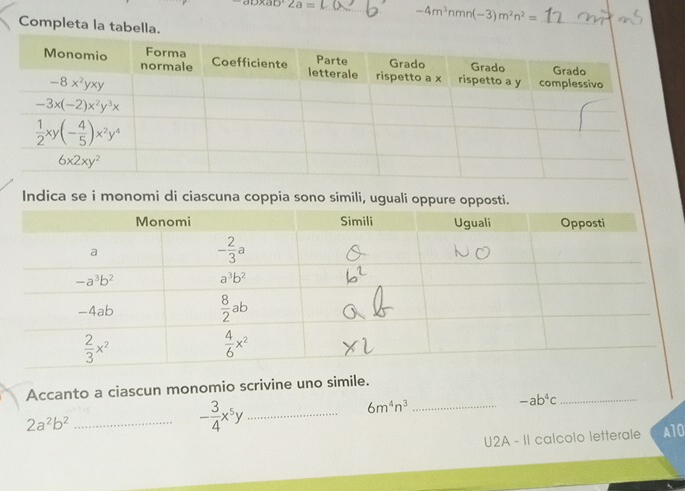 xab°2a= _ -4m^3nmn(-3)m^2n^2= _
Completa la tabella.
Indica se i monomi di ciascuna coppia sono simili, uguali oppure opposti.
Accanto a ciascun monomio scrivine uno simile.
_ 6m^4n^3
_ -ab^4c
2a^2b^2 _
_ - 3/4 x^5y
U2A - II calcolo letterale A10