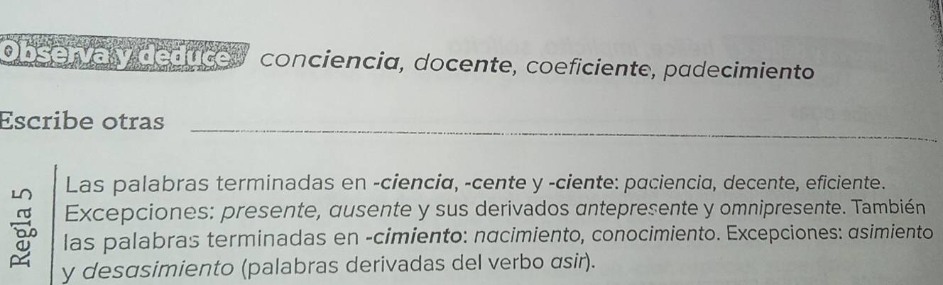 Observa y deduce conciencia, docente, coeficiente, padecimiento 
Escribe otras_ 
Las palabras terminadas en -ciencia, -cente y -ciente: paciencia, decente, eficiente. 
Excepciones: presente, ausente y sus derivados antepresente y omnipresente. También 
las palabras terminadas en -cimiento: nαcimiento, conocimiento. Excepciones: asimiento 
y desasimiento (palabras derivadas del verbo asir).