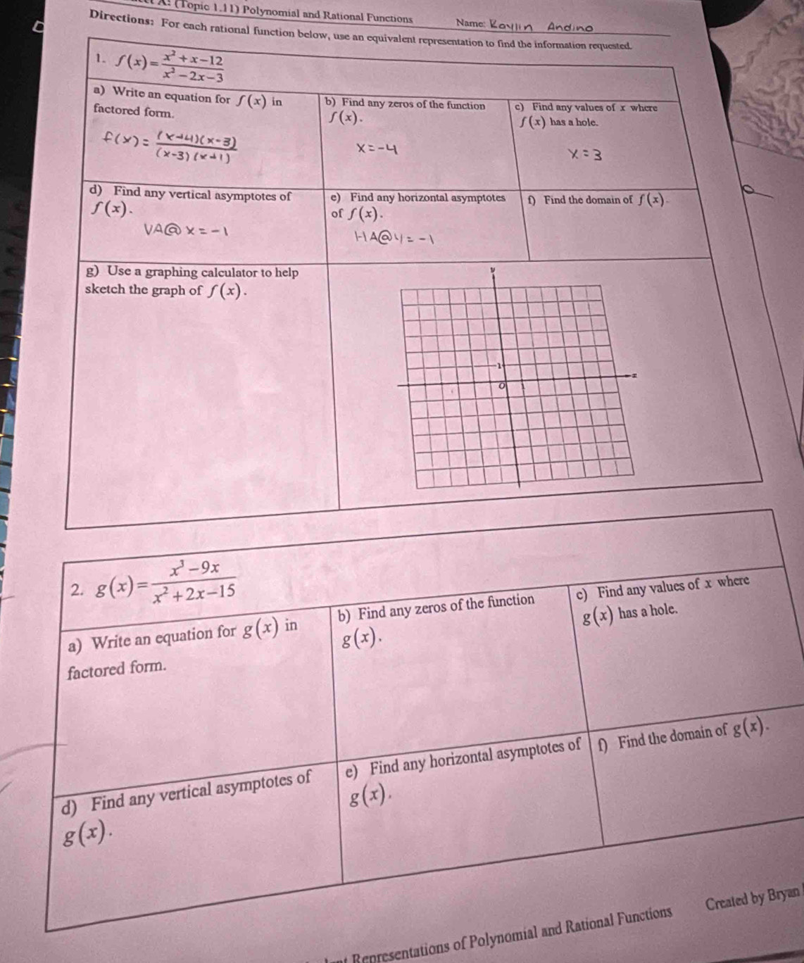 A: (Topic 1.11) Polynomial and Rational Functions Name: 
Directions: For each rational function below, use an equivalent representation to find the information requested. 
1. f(x)= (x^2+x-12)/x^2-2x-3 
a) Write an equation for f(x)in b) Find any zeros of the function c) Find any values of x where 
factored form.
f(x). has a hole.
f(x)
d) Find any vertical asymptotes of e) Find any horizontal asymptotes f) Find the domain of f(x).
f(x). 
of f(x). 
g) Use a graphing calculator to help 
sketch the graph of f(x). 
2. g(x)= (x^3-9x)/x^2+2x-15 
g(x) has a hole. 
a) Write an equation for g(x) in b) Find any zeros of the function c) Find any values of x where
g(x). 
factored form. 
d) Find any vertical asymptotes of e) Find any horizontal asymptotes of f) Find the domain of g(x).
g(x),
g(x). 
Representations of Polynomial and Rational Functions Created by Bryan