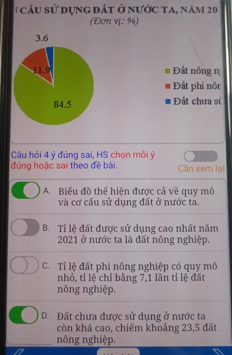 cu Sử dụng đÁt ở nước ta, năm 20
(Đơn vị: %)
3.6
11. 9 Đất nông nị
Đất phi nôn
84.5 Đất chưa sử
Câu hỏi 4 ý đúng sai, HS chọn mỗi ý
đúng hoặc sai theo đề bài. Cần xem lại
A. Biểu đồ thể hiện được cả về quy mô
và cơ cấu sử dụng đất ở nước ta.
B. Tỉ lệ đất được sử dụng cao nhất năm
2021 ở nước ta là đất nông nghiệp.
C. Tỉ lệ đất phi nông nghiệp có quy mô
nhỏ, tỉ lệ chỉ bằng 7, 1 lần tỉ lệ đất
nông nghiệp.
D. Đất chưa được sử dụng ở nước ta
còn khá cao, chiếm khoảng 23,5 đất
nông nghiệp.