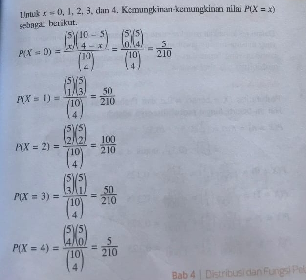 Untuk x=0,1,2,3, , dan 4. Kemungkinan-kemungkinan nilai P(X=x)
sebagai berikut.
P(X=0)=frac beginpmatrix 5 xendpmatrix beginpmatrix 10-5 4-xendpmatrix beginpmatrix 10 4endpmatrix =frac beginpmatrix 5 0endpmatrix beginpmatrix 5 4endpmatrix beginpmatrix 10 4endpmatrix = 5/210 
P(X=1)=frac beginpmatrix 5 1endpmatrix beginpmatrix 5 3endpmatrix beginpmatrix 10 4endpmatrix = 50/210 
P(X=2)=frac beginpmatrix 5 2endpmatrix beginpmatrix 5 2endpmatrix beginpmatrix 10 4endpmatrix = 100/210 
P(X=3)=frac beginpmatrix 5 3endpmatrix beginpmatrix 5 1endpmatrix beginpmatrix 10 4endpmatrix = 50/210 
P(X=4)=frac beginpmatrix 5 4endpmatrix beginpmatrix 5 0endpmatrix beginpmatrix 10 4endpmatrix = 5/210 
Bab 4 | Distribusi dan Fungsi Pel