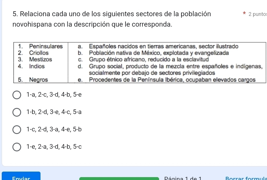 Relaciona cada uno de los siguientes sectores de la población 2 punto:
novohispana con la descripción que le corresponda.
1 -a, 2-c, 3-d, 4-b, 5-e
1 -b, 2-d, 3-e, 4-c, 5-a
1 -c, 2-d, 3-a, 4-e, 5-b
1 -e, 2-a, 3-d, 4-b, 5-c
Enviar Dágina 1 de 1 Borrər formula