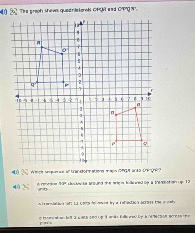 The graph shows quadriaterals OPQR and O'P'Q'R'.
Which sequence of transformations maps OPQR onto
a rotation 90° clockwise around the origin followed by a translation up 12
units
a translation left 12 units followed by a reflection across the x-axis
a translation left 2 units and up 9 units followed by a reflection across the
y-axis