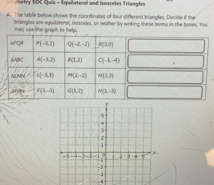 etry EOC Quiz - Equilateral and Isosceles Triangles
A. The table below shows the coordinates of four different triangles. Decide if the
triangles are equilateral, isosceles, or neither by writing these terms in the boxes. You
may use the g
-4