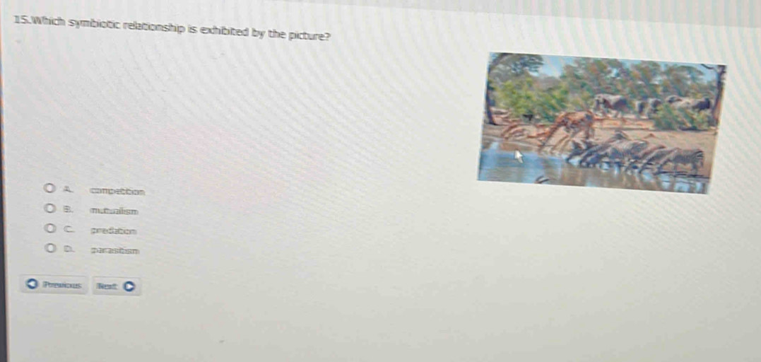 Which symbiotic relationship is exhibited by the picture?
A compettion
B. mutuallism
C. predation
D. parastism
[Poteratcnees