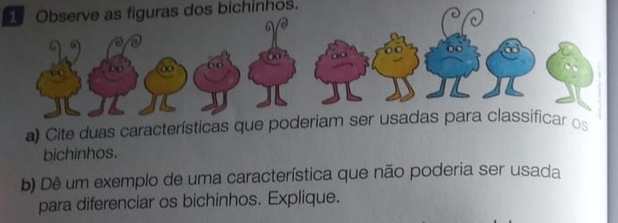 Observe as figuras dos bichinhos. 
a) Cite duas características que poderiam ser usadas para classificar os 
bichinhos. 
b) Dê um exemplo de uma característica que não poderia ser usada 
para diferenciar os bichinhos. Explique.