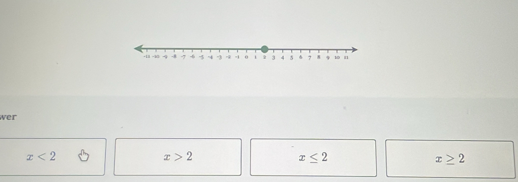 wer
x<2</tex>
x>2
x≤ 2
x≥ 2