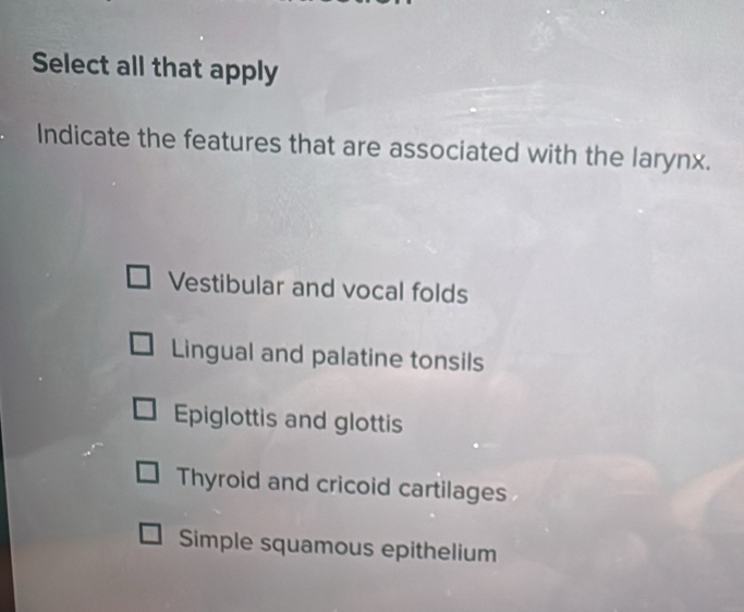 Select all that apply
Indicate the features that are associated with the larynx.
Vestibular and vocal folds
Lingual and palatine tonsils
Epiglottis and glottis
Thyroid and cricoid cartilages
Simple squamous epithelium