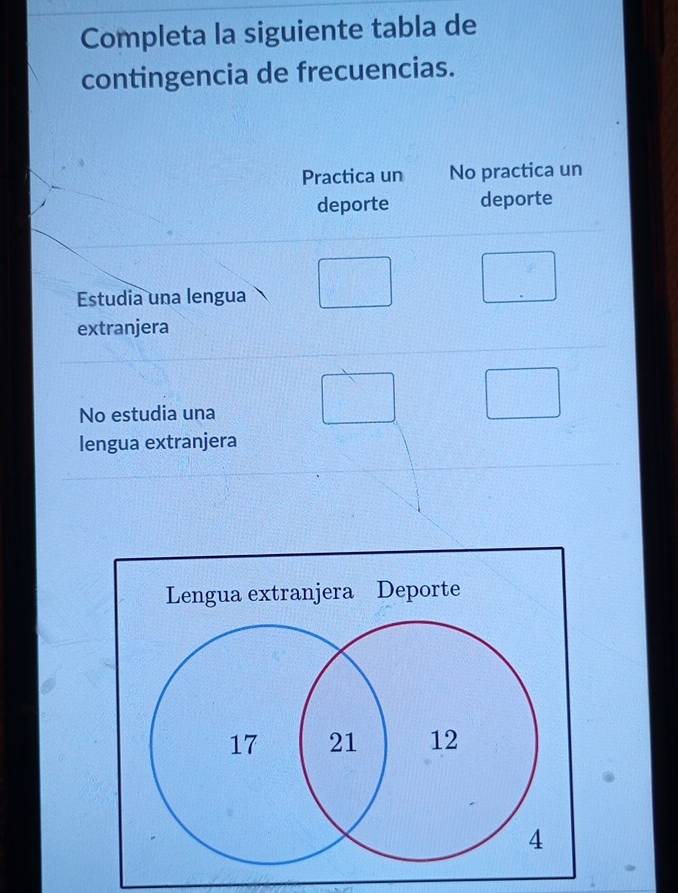 Completa la siguiente tabla de
contingencia de frecuencias.
Practica un No practica un
deporte deporte
Estudia una lengua
extranjera
No estudia una
lengua extranjera