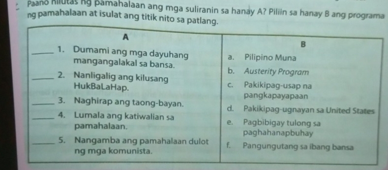 Paano hilutas ng pamahalaan ang mga suliranin sa hanay A? Piliin sa hanay B ang programa 
ng pamahalaan at isulat ang titik nit