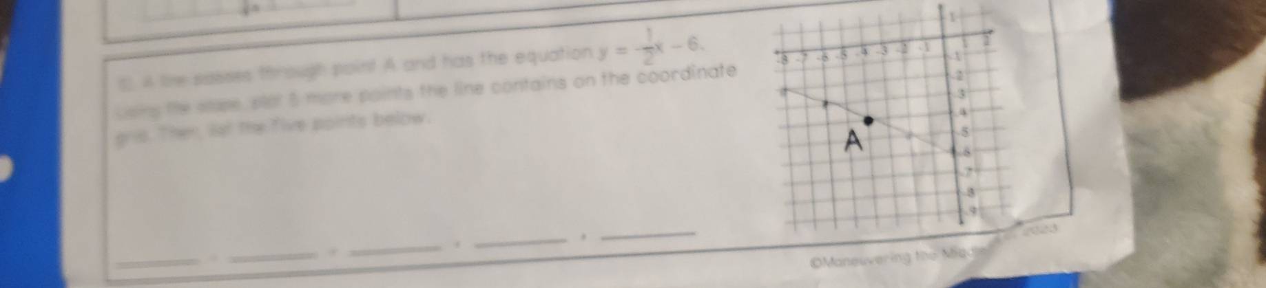 A te sasses through point A and has the equation y=- 1/2 x-6. 
1
.2
uoing the sase, stot 5 more points the line contains on the coordinate 73 7 -5. 8 4 -3 A
3
gris. Then, lst the five points below.
A. 5
8
7
3
9
_.
_
_.
_.
_.
OManeuvering the Mac