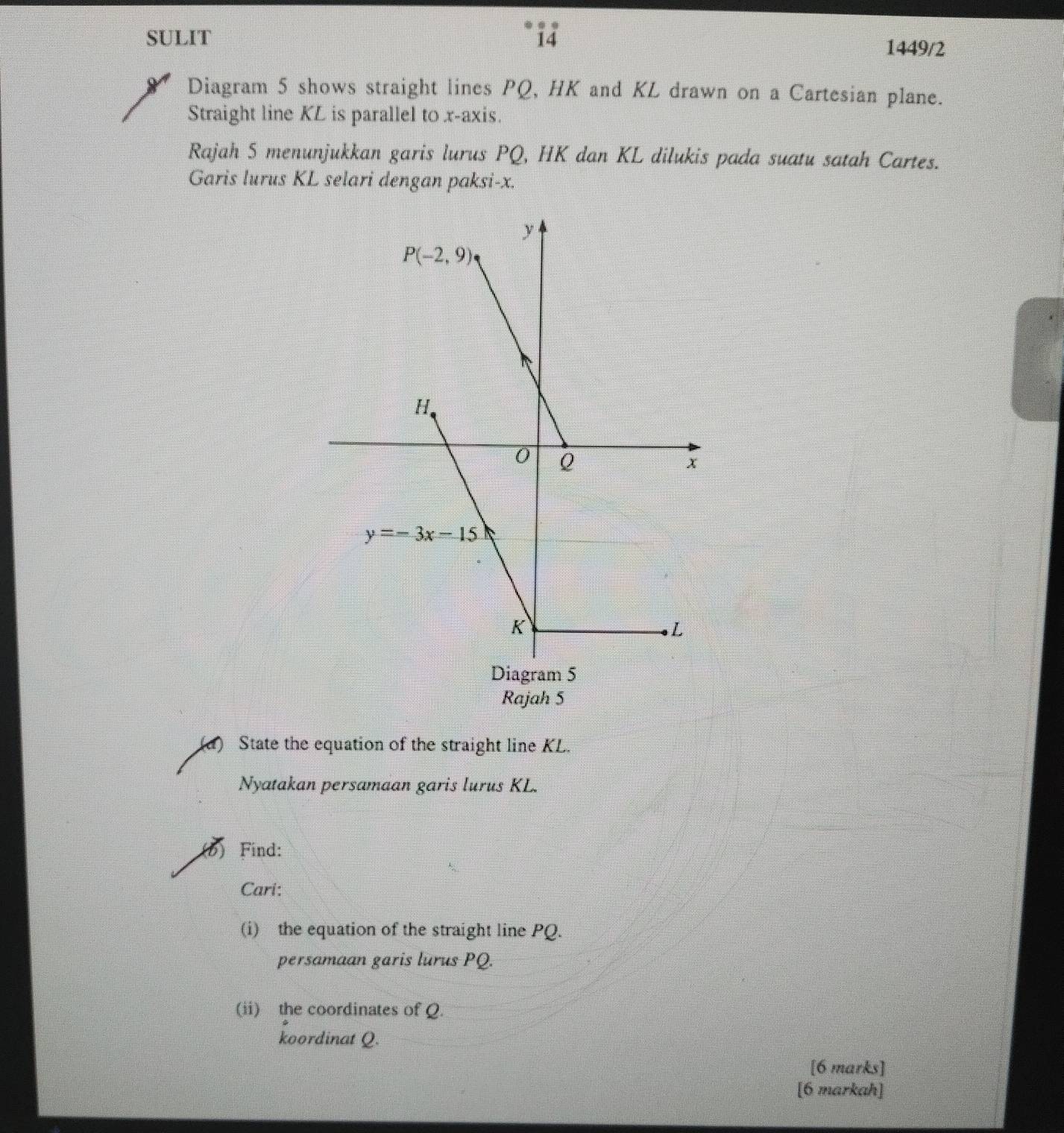 SULIT 14 1449/2
Diagram 5 shows straight lines PQ, HK and KL drawn on a Cartesian plane.
Straight line KL is parallel to x-axis.
Rajah 5 menunjukkan garis lurus PQ, HK dan KL dilukis pada suatu satah Cartes.
Garis lurus KL selari dengan paksi-x.
Rajah 5
(d) State the equation of the straight line KL.
Nyatakan persamaan garis lurus KL.
(5) Find:
Cari:
(i) the equation of the straight line PQ.
persamaan garis lurus PQ.
(ii) the coordinates of Q.
koordinat Q.
[6 marks]
[6 markah]