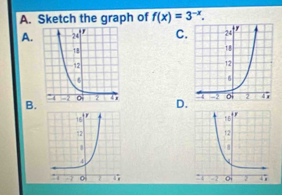 Sketch the graph of f(x)=3^(-x). 
A. 
C. 
B. 

D.