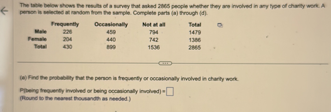 The table below shows the results of a survey that asked 2865 people whether they are involved in any type of charity work. A 
person is selected at random from the sample. Complete parts (a) through (d). 
Frequently Occasionally Not at all Total 
Male 226 459 794 1479
Female 204 440 742 1386
Total 430 899 1536 2865
(a) Find the probability that the person is frequently or occasionally involved in charity work. 
P(being frequently involved or being occasionally involved) =□
(Round to the nearest thousandth as needed.)