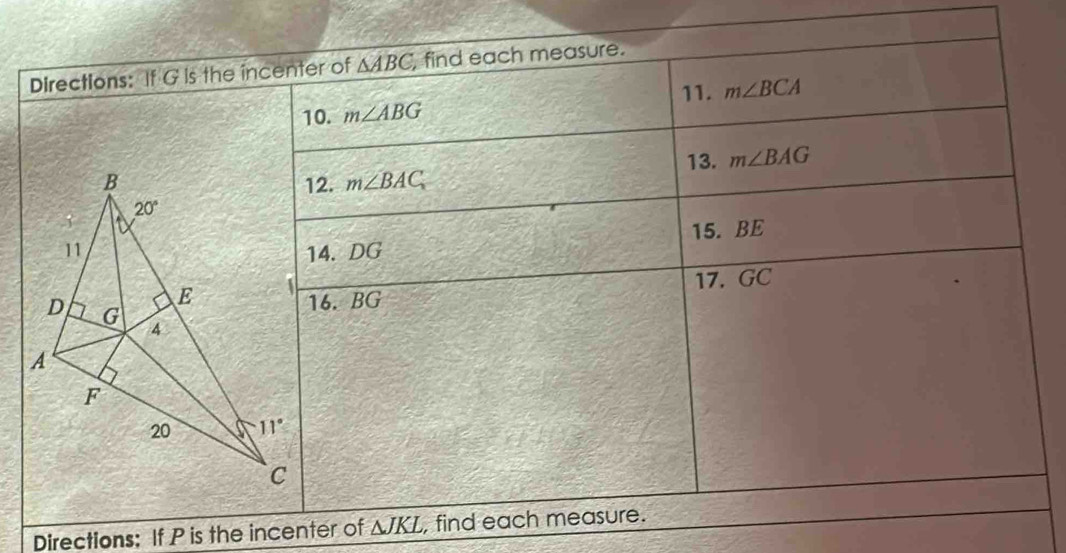 Directions: If P is the incenter of △ JKL