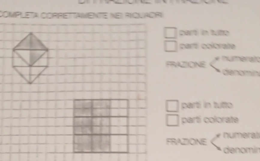 CompLEta COrREeTTAMenTE Nei Riquaori 
parti in tufto 
parti colorate 
numerato 
FRAZIONE 
denomín 
parti in tutto 
parti colorate 
FRAZIONE numerat 
denomín