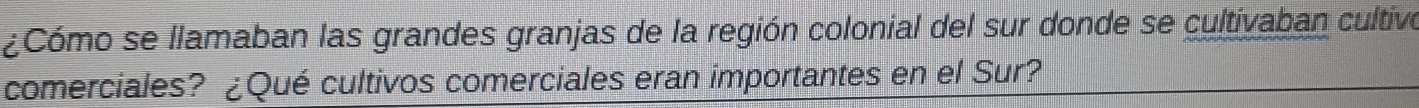 ¿Cómo se llamaban las grandes granjas de la región colonial del sur donde se cultivaban cultivo 
comerciales? ¿Qué cultivos comerciales eran importantes en el Sur?