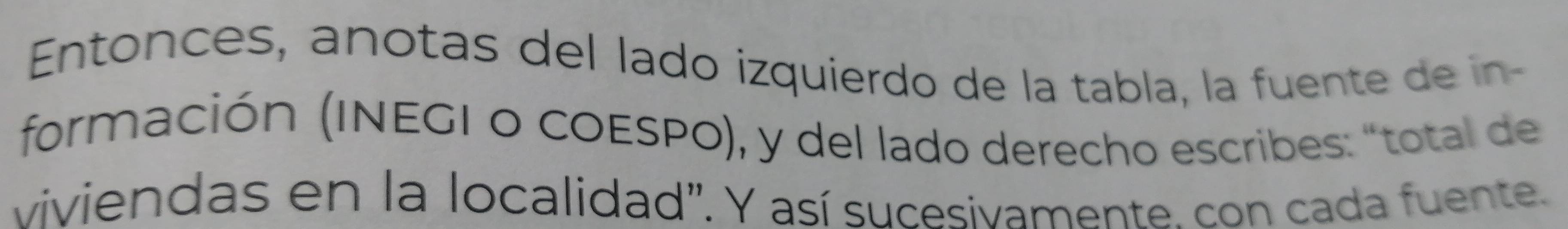 Entonces, anotas del lado izquierdo de la tabla, la fuente de in 
formación (INEGI O COESPO), y del lado derecho escribes: "total de 
viviendas en la localidad". Y así sucesivamente. con cada fuente.