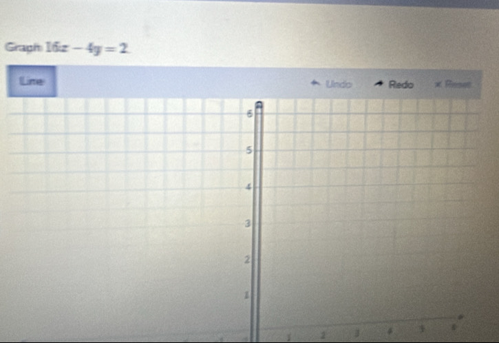 Graph 16x-4y=2
Line Undo Redo x Reset
1 2 J 4