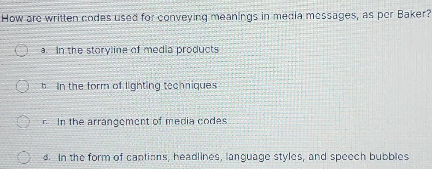 How are written codes used for conveying meanings in media messages, as per Baker?
a. In the storyline of media products
b. In the form of lighting techniques
c. In the arrangement of media codes
d. In the form of captions, headlines, language styles, and speech bubbles