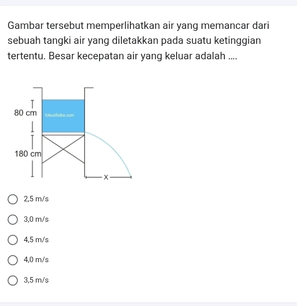 Gambar tersebut memperlihatkan air yang memancar dari
sebuah tangki air yang diletakkan pada suatu ketinggian
tertentu. Besar kecepatan air yang keluar adalah ....
T
80 cm fokusfisika.com
180 cm
X
2,5 m/s
3,0 m/s
4,5 m/s
4,0 m/s
3,5 m/s