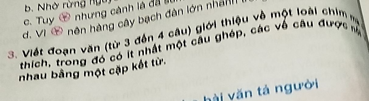 b. Nhờ rừng ngờy
c. Tuy ⑦ nhưng cành là dã B. Vi nên hàng cây bạch đàn lớn nhan ' -
3. Viết đoạn văn (từ 3 đến 4 câu) giới thiệu về một loài chim mộ
thích, trong đó có ít nhất một câu ghép, các về câu được nộ
nhau bằng một cặp kết từ.
hài văn tá người