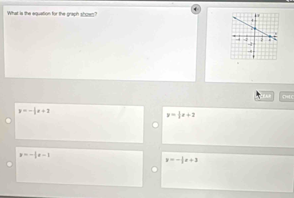 What is the equation for the graph shown?
EAR CHEC
y=- 1/2 x+2
y= 1/2 x+2
y=- 1/3 x-1
y=- 1/2 x+3