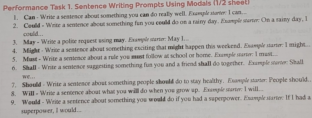 Solved: Performance Task 1. Sentence Writing Prompts Using Modals (1/2 ...