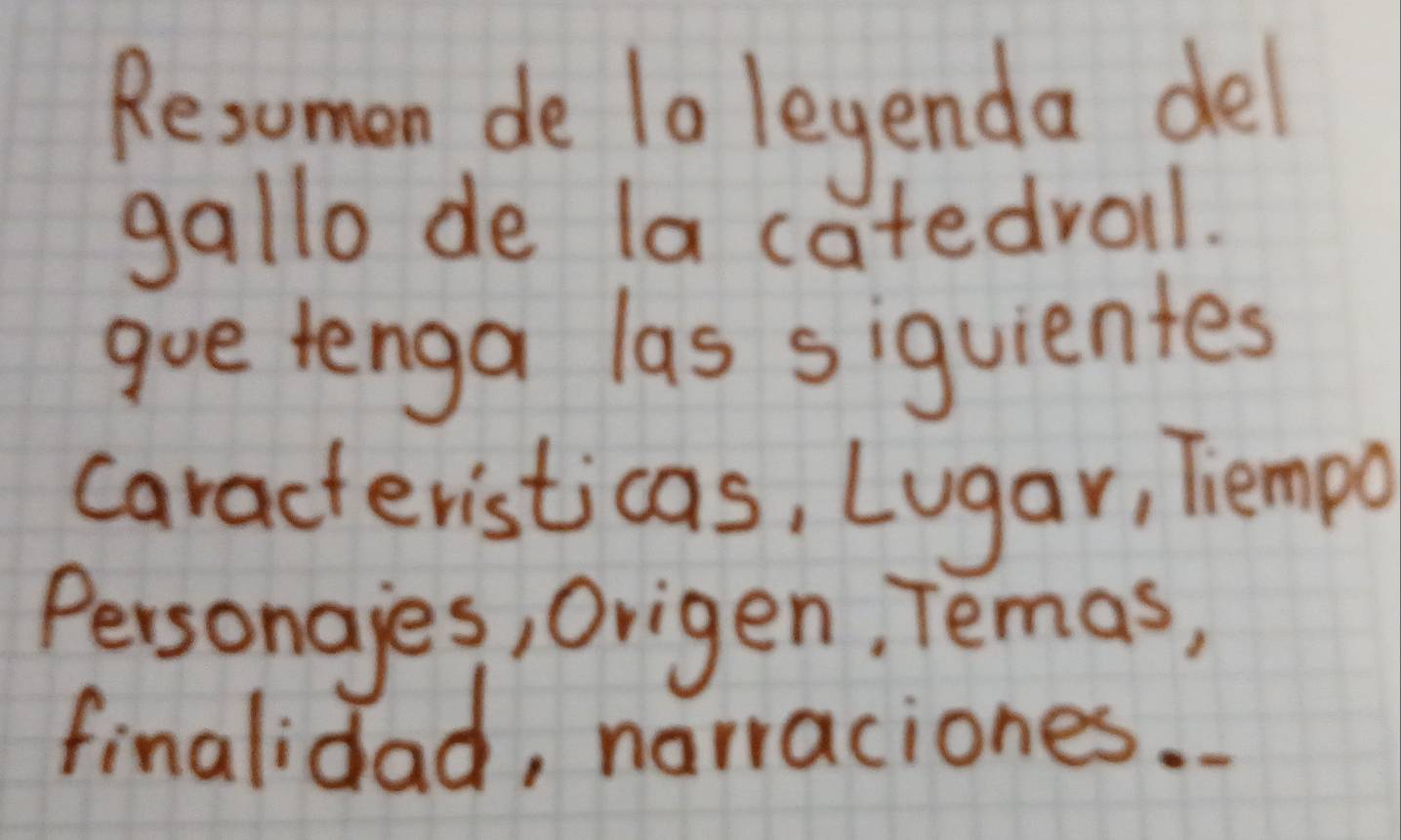 Resomen de lo leyenda del 
gallo de la catedroll. 
gue tenga las siguientes 
caracteristicas, Lugar, Tiempo 
Personages, Origen, Temas, 
finalidad, narraciones.