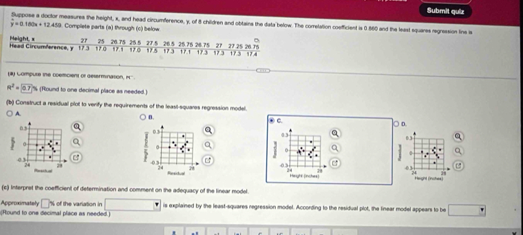 Submit quiz
Suppose a doctor measures the height, x, and head circumference, y, of 8 children and obtains the data below. The correlation coefficient is 0.860 and the least squares regression line is
hat y=0.180x+12.459 Complete parts (a) through (c) below.
_
_
_
(a) Compute the coemcient of determination, K.
R^2=0.7 % (Round to one decimal place as needed.)
(b) Construct a residual plot to verify the requirements of the least-squares regression model.
B.
A. ③ C. ○ D.
0 3.
03
0.3
0.
5 0
0
0 3 -0.3 0 3
24 28 24 28 24 28
Residual Height (Inches) Height (inches)
(c) Interpret the coefficient of determination and comment on the adequacy of the linear model.
Approximately □ % of the variation in □ is explained by the least-squares regression model. According to the residual plot, the linear model appears to be □
(Round to one decimal place as needed.)