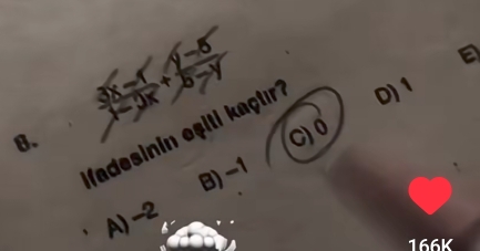  (3x-1)/x-3x + (y-5)/5-y 

D) 1
B.
fadesinin eşiti kaçtır? C) 0
B) -1
A) -2
166k