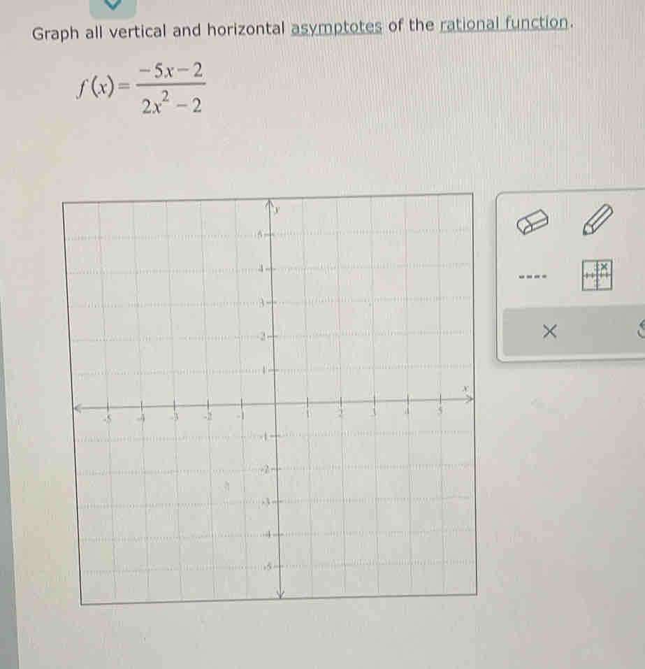 Graph all vertical and horizontal asymptotes of the rational function.
f(x)= (-5x-2)/2x^2-2 
×