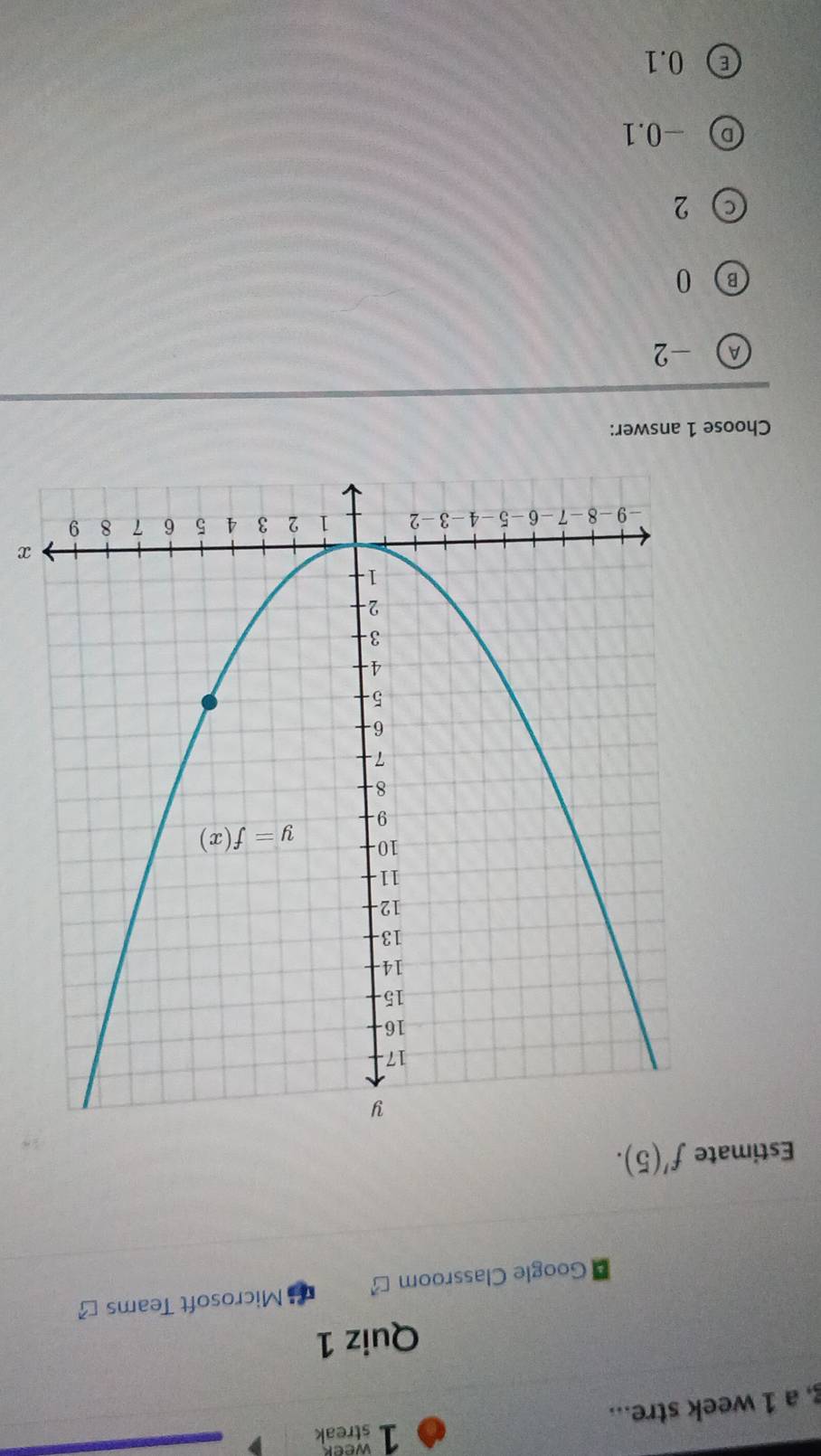 streak
, a 1 week stre...
Quiz 1
Google Classroom □^A Microsoft Teams 
Estimate f'(5).
x
Choose 1 answer:
A -2
B 0
2
D -0.1
E 0.1