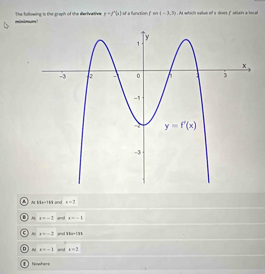 The following is the graph of the derivative y=f'(x) of a function f on (-3,3). At which value of x does f attain a local
minimum?
a A $$x=1$$ and x=2
B At x=-2 and x=-1
C) A x=-2 and SSx=1SS
D At x=-1 and x=2
E Nowhere