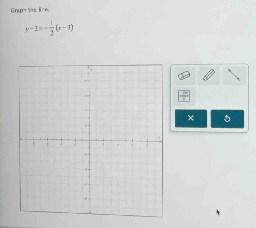 Graph the line.
y-2=- 1/2 (x-3)
×