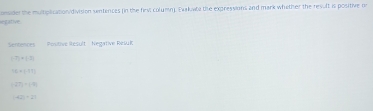 nvider the multiplication/division sentences (in the firvi column). Ewakate te expressions and mark whether the revult is positive or
atve
Sentences Postive Result ' Negative RésK
(-7)=(-2)
16=(-(17)
|27|+|9|
(-4))+21