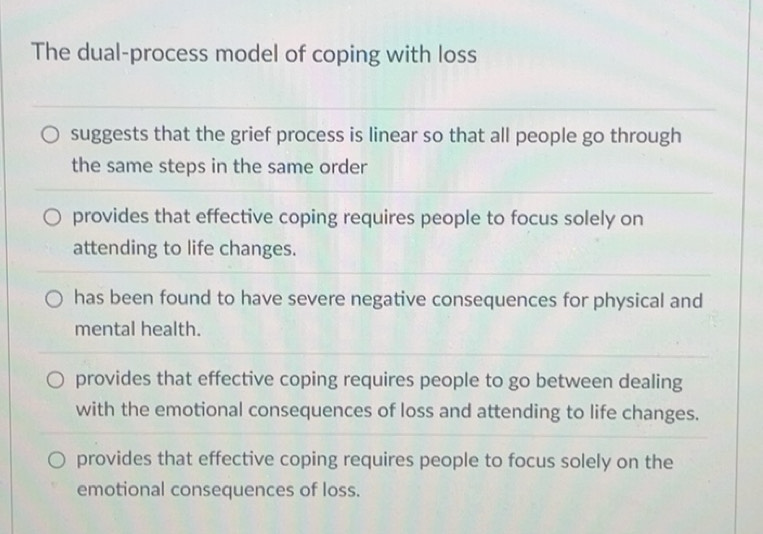 Solved: The dual-process model of coping with loss suggests that the ...